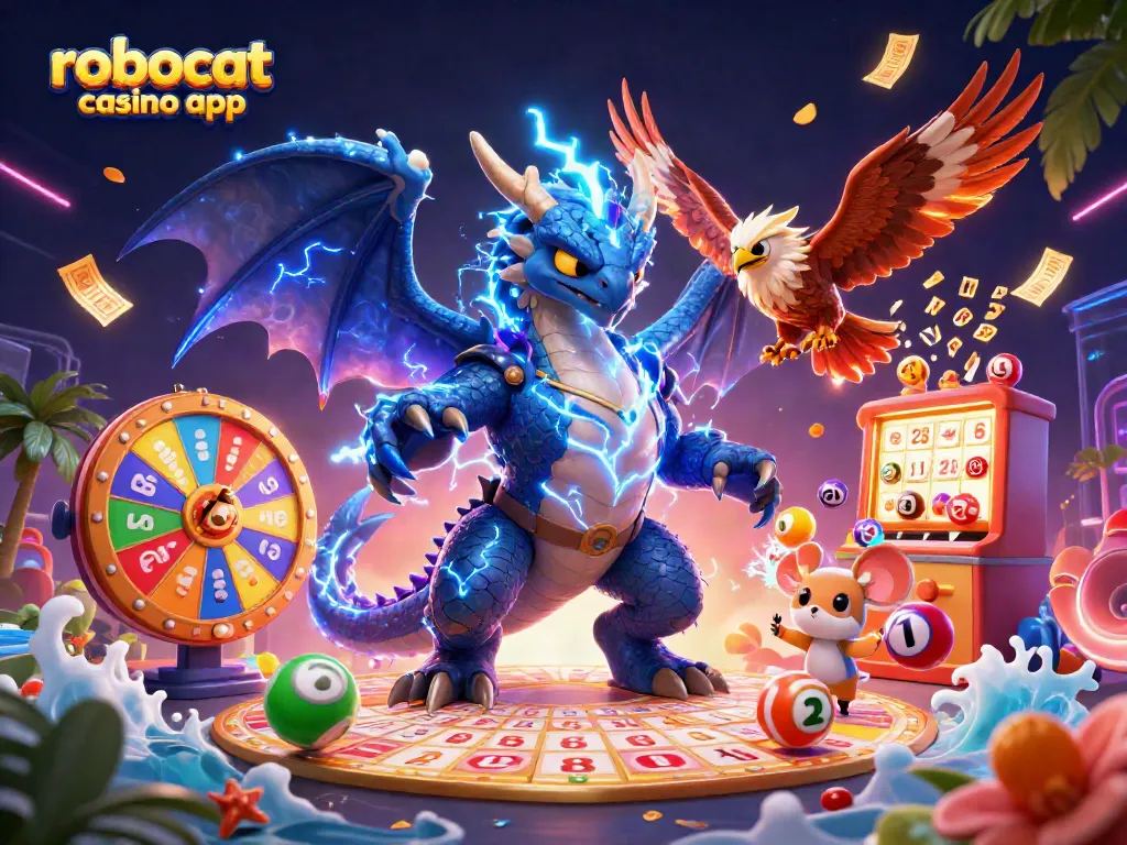 Engage with the robocat casino app in an electrifying 3D casino scene full of dynamic gaming elements.