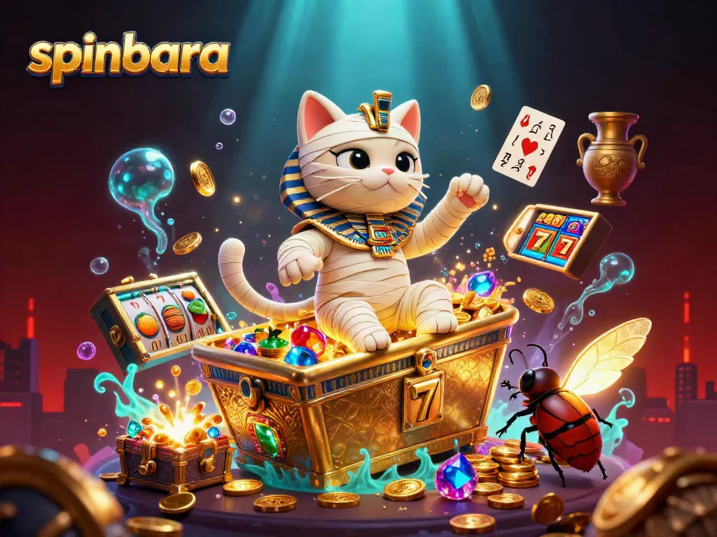 spinbara showcases a vibrant 3D illustration of an Egyptian mummy cat in a casino, bursting with games.