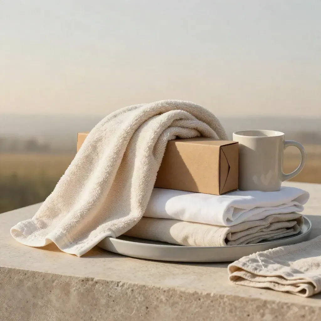 Pack hogar con toalla, taza, caja regalo, camiseta y tote sobre piedra clara, luz suave de estudio.
