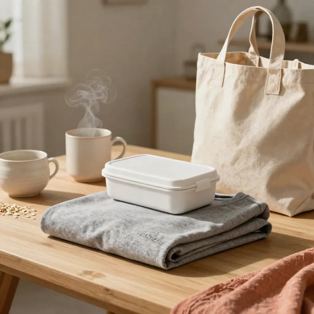 Camiseta, fiambrera, taza y tote sobre mesa de roble claro con luz suave.