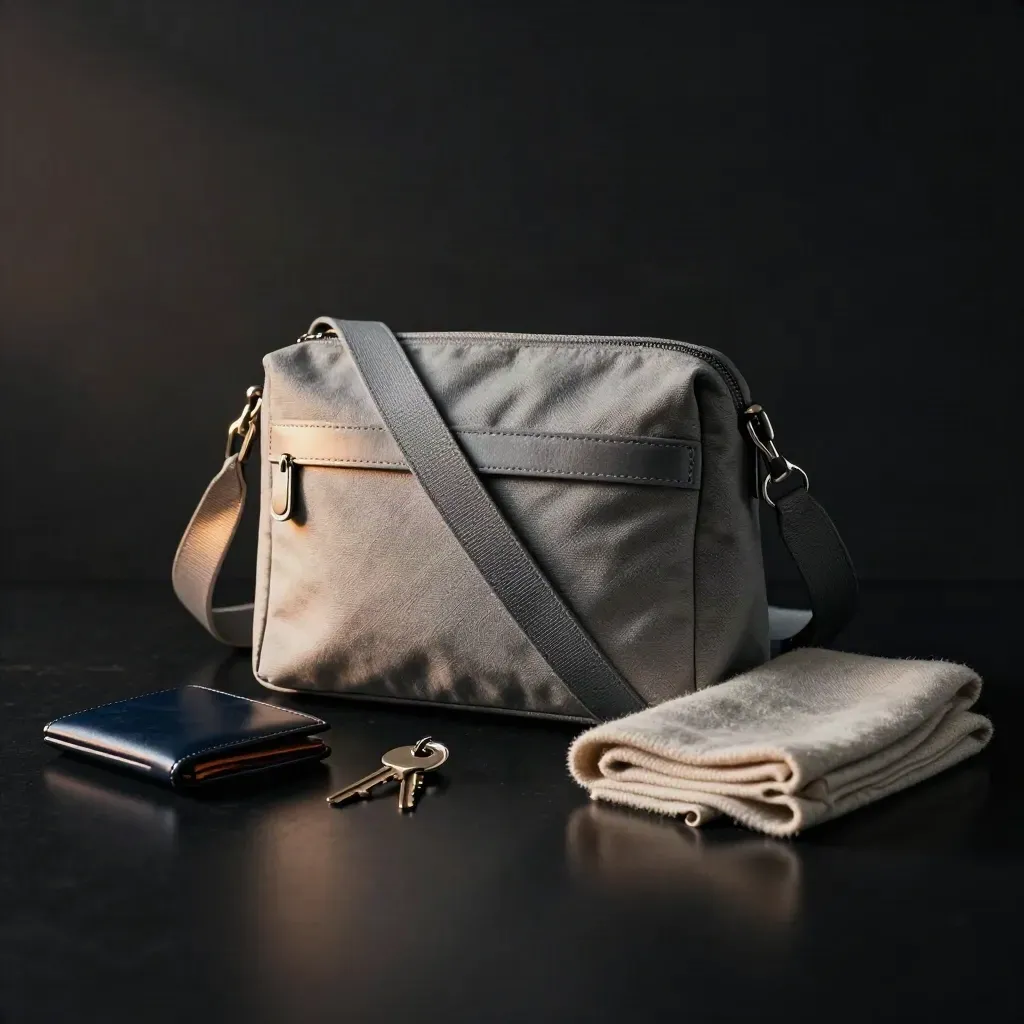 Bolso bandolera gris con cartera, llaves y pañuelo sobre fondo negro, luz dramática.