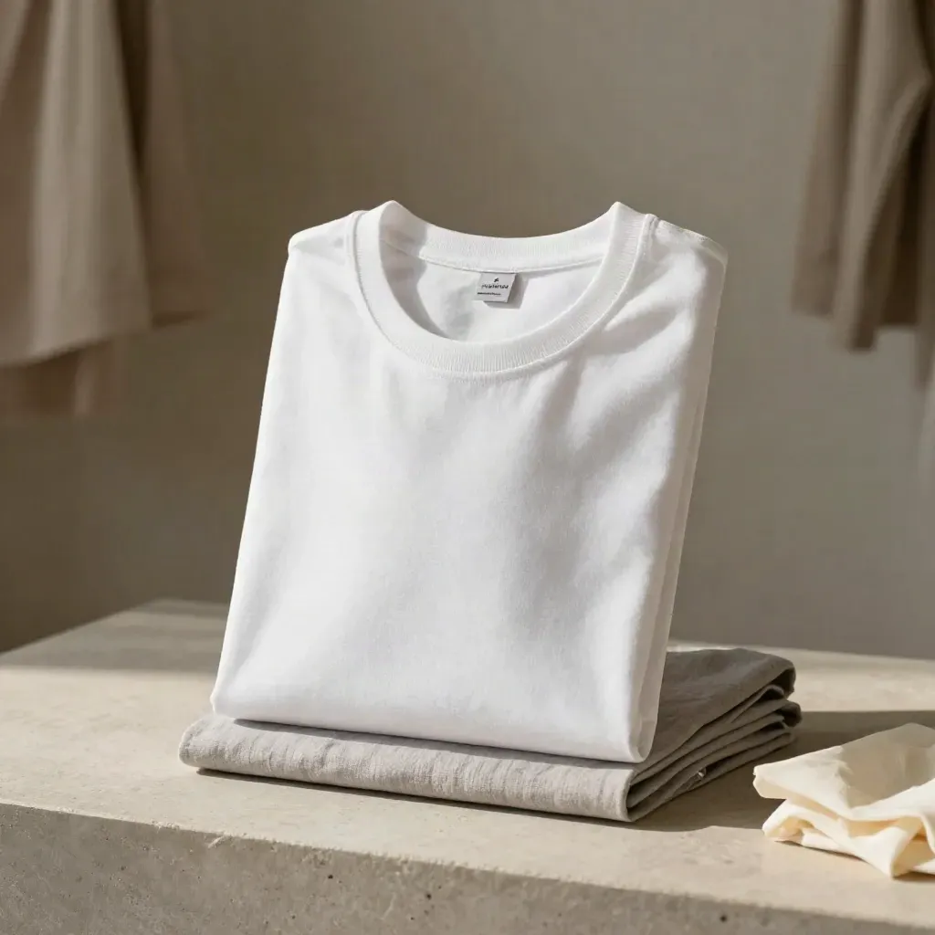 Camiseta blanca de algodón doblada sobre una superficie de lino gris claro, con sombra suave.