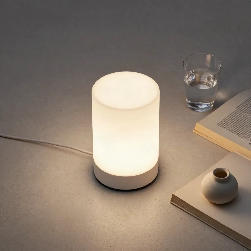 Lámpara LED de mesa blanca junto a libro, vaso de agua y pieza de cerámica sobre piedra clara.