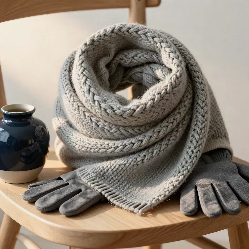 Bufanda gris de punto suave enrollada en una silla clara con guantes y cerámica azul marino.