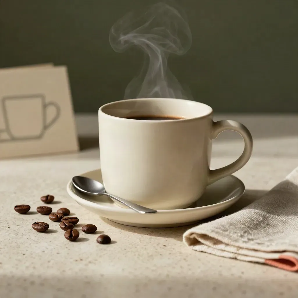 Taza de café de cerámica con vapor, platillo, cuchara, granos y servilleta sobre travertino.