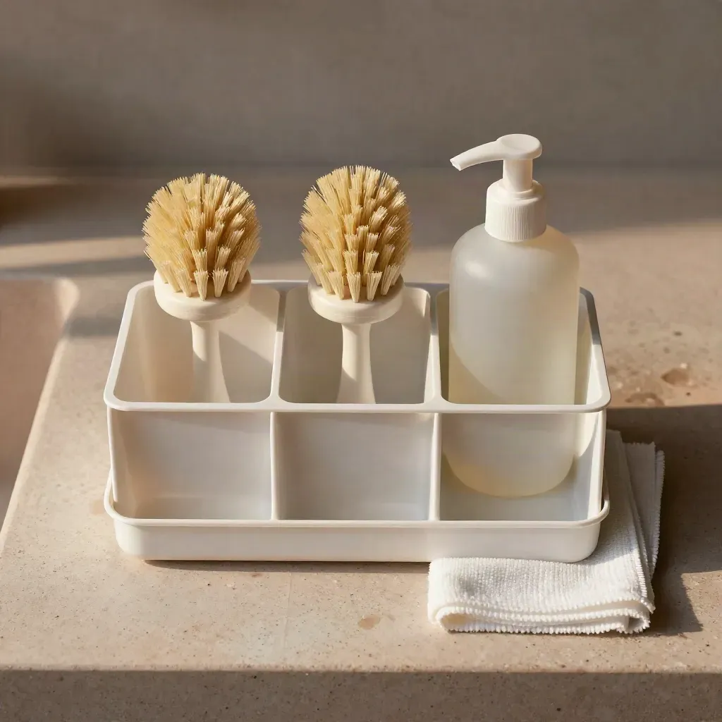 Organizador de baño blanco con cepillos y frasco sobre piedra gris clara, vista cenital.