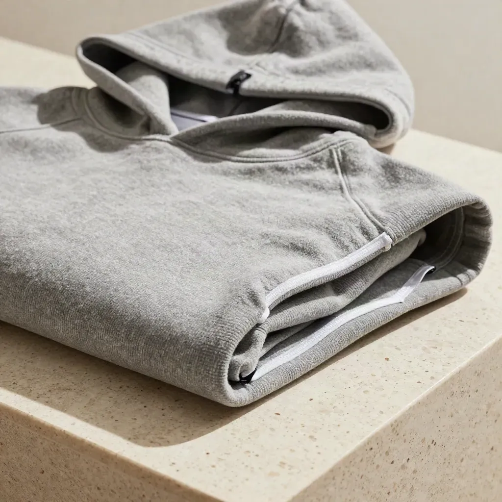 Sudadera gris doblada en macro, con la capucha asomando y textura suave.