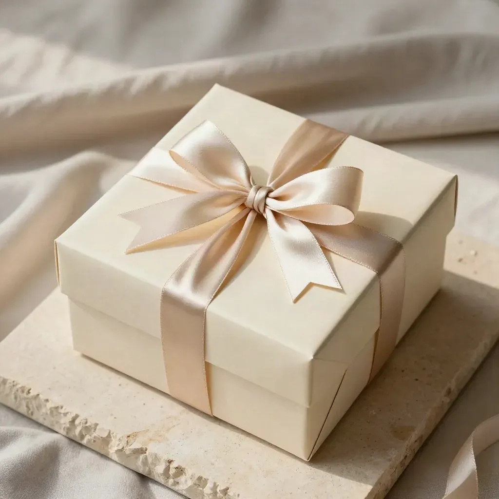 Dos cajas de regalo crema con lazo suave, apiladas sobre lino neutro en vista cenital.