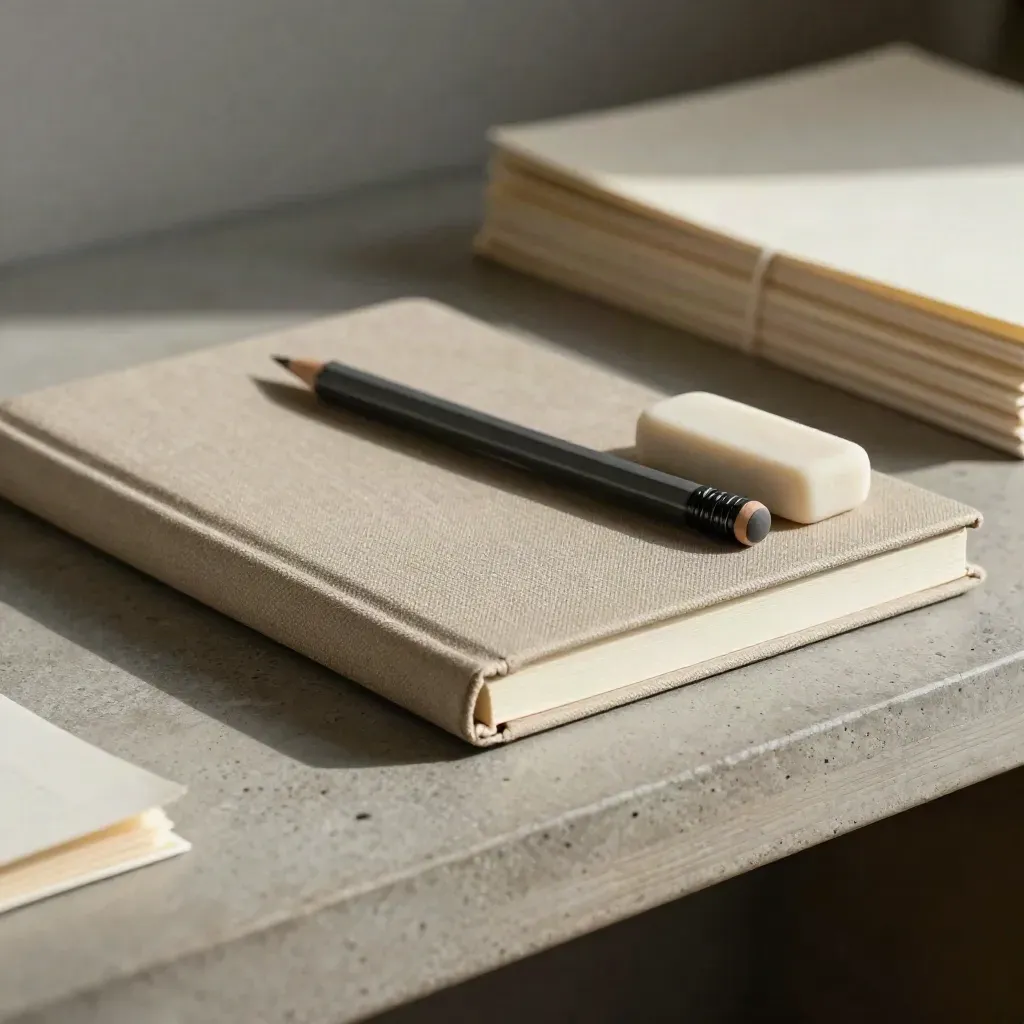 Cuaderno arena cerrado con lápiz y goma lisa sobre piedra gris clara.