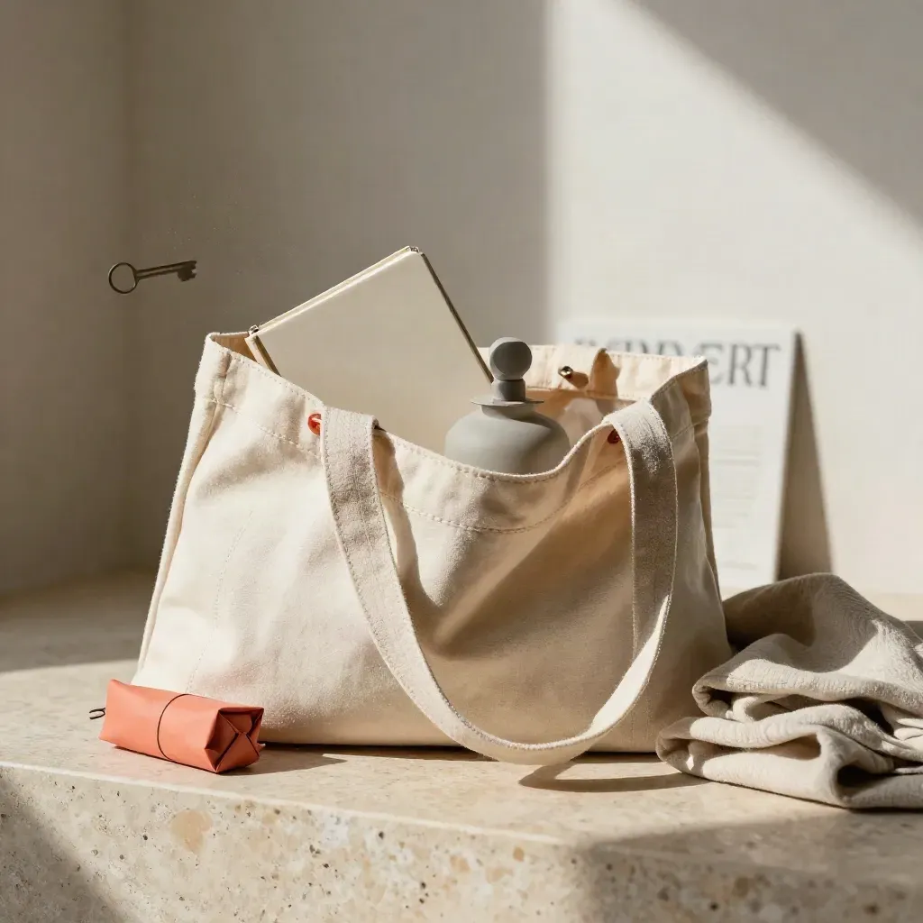Bolsa tote de lona natural abierta con cuaderno y botella opaca sobre piedra clara.