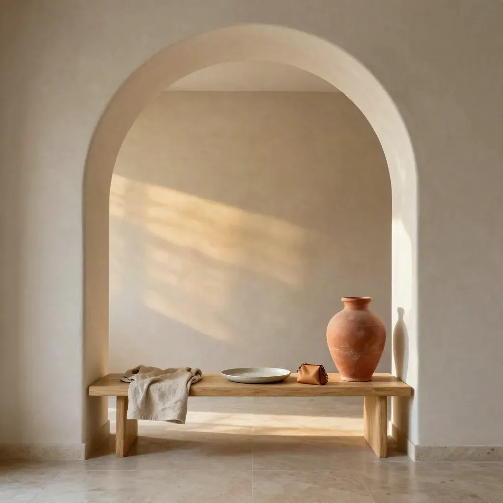 Pasillo luminoso con arco blanco, banco de madera y maceta alta, luz cálida y suelo de travertino.