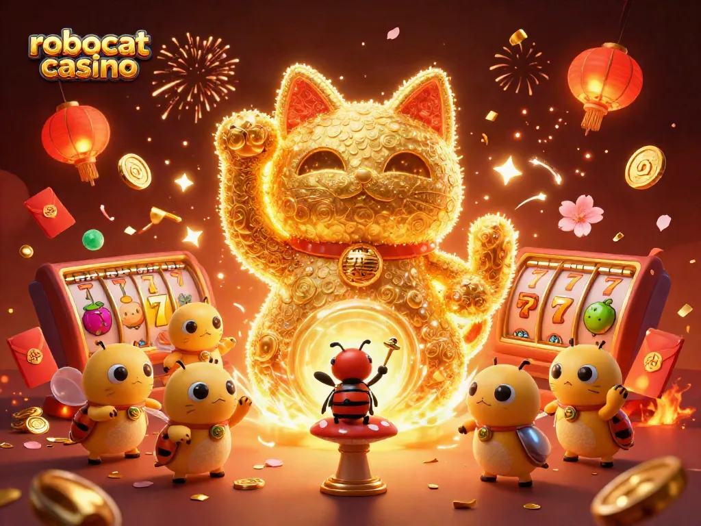 Play exciting games at robocat casino with a vibrant golden lucky cat and casino elements.